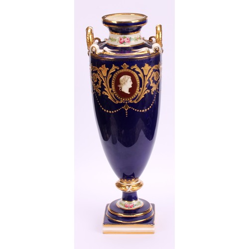 83 - A Minton two-handled pedestal vase, painted with neo-classical portraits in raised gilt oval panels,... 