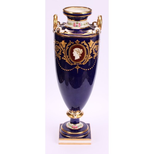 83 - A Minton two-handled pedestal vase, painted with neo-classical portraits in raised gilt oval panels,... 