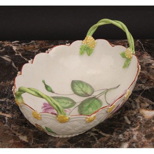 75 - A Chelsea two-handled basket, painted with flowers, the exterior with basket weave moulding and appl... 