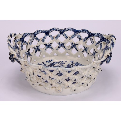 103 - An Lowestoft Pine Cone pattern two-handled oval basket, central oval reserve painted in underglaze b... 