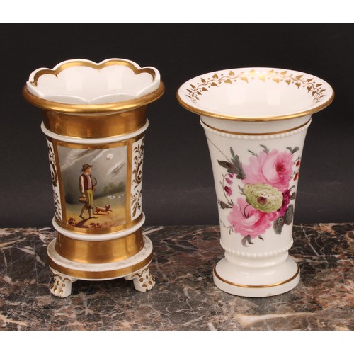 99 - An English porcelain flared cylindrical spill vase, probably Rockingham, painted with pink peonies a... 