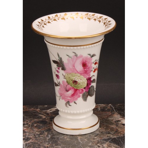 99 - An English porcelain flared cylindrical spill vase, probably Rockingham, painted with pink peonies a... 