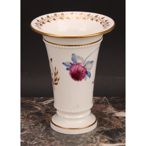 99 - An English porcelain flared cylindrical spill vase, probably Rockingham, painted with pink peonies a... 