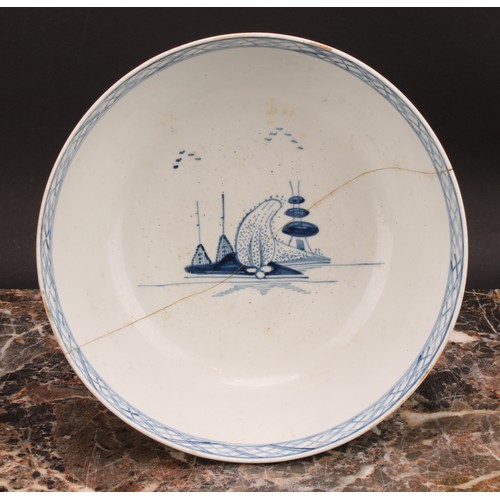 72 - A Chaffers Liverpool punch bowl, painted in Chinoiserie style in underglaze blue, with a fisherman, ... 