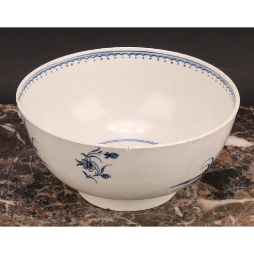 72 - A Chaffers Liverpool punch bowl, painted in Chinoiserie style in underglaze blue, with a fisherman, ... 