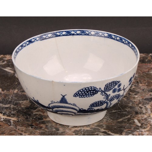 72 - A Chaffers Liverpool punch bowl, painted in Chinoiserie style in underglaze blue, with a fisherman, ... 