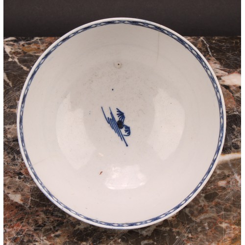 72 - A Chaffers Liverpool punch bowl, painted in Chinoiserie style in underglaze blue, with a fisherman, ... 