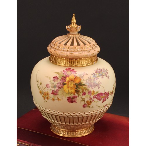 147 - A Royal Worcester parcel-gilt and polychrome painted blush ivory potpourri vase and cover, 26cm high... 