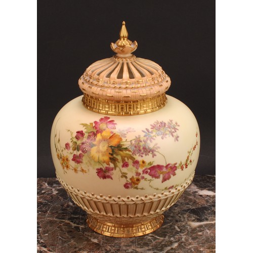 147 - A Royal Worcester parcel-gilt and polychrome painted blush ivory potpourri vase and cover, 26cm high... 