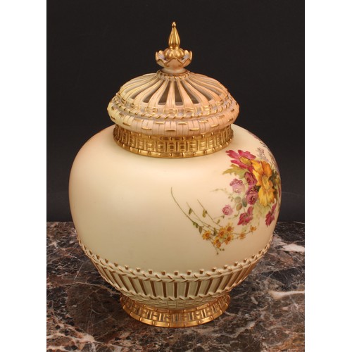 147 - A Royal Worcester parcel-gilt and polychrome painted blush ivory potpourri vase and cover, 26cm high... 