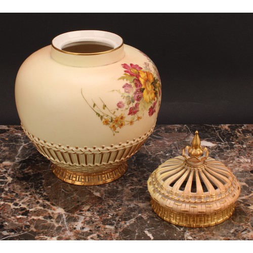 147 - A Royal Worcester parcel-gilt and polychrome painted blush ivory potpourri vase and cover, 26cm high... 