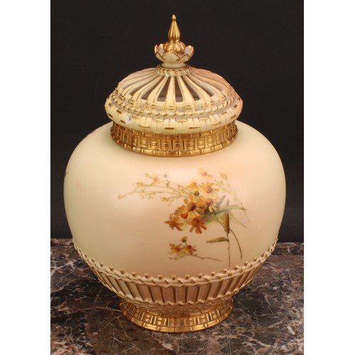 147 - A Royal Worcester parcel-gilt and polychrome painted blush ivory potpourri vase and cover, 26cm high... 