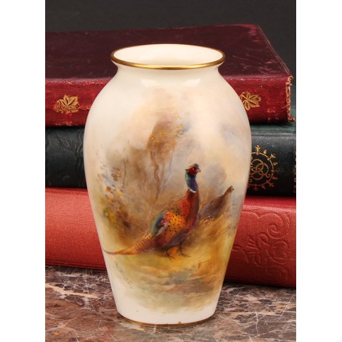 145 - A Royal Worcester ovoid vase, painted by James Stinton, signed, with pheasants, 10.5cm high, printed... 