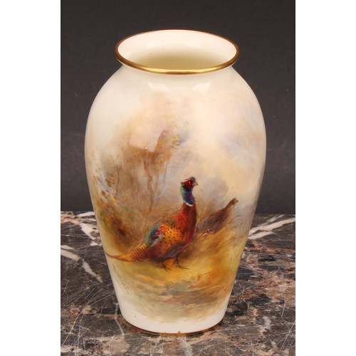 145 - A Royal Worcester ovoid vase, painted by James Stinton, signed, with pheasants, 10.5cm high, printed... 