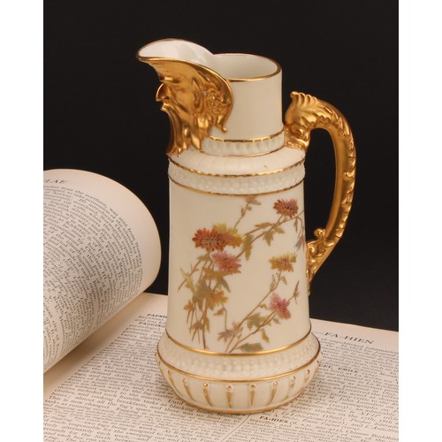 139 - A Royal Worcester jug, decorated in the Aesthetic manner with flowers and foliage in muted tones, gi... 