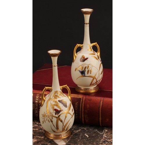 119 - A pair of Royal Worcester two handled bottle vases, decorated in the Aesthetic manner with butterfli... 