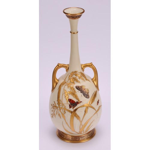 119 - A pair of Royal Worcester two handled bottle vases, decorated in the Aesthetic manner with butterfli... 