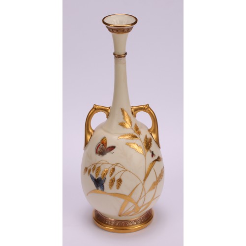 119 - A pair of Royal Worcester two handled bottle vases, decorated in the Aesthetic manner with butterfli... 