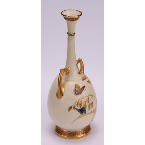 119 - A pair of Royal Worcester two handled bottle vases, decorated in the Aesthetic manner with butterfli... 