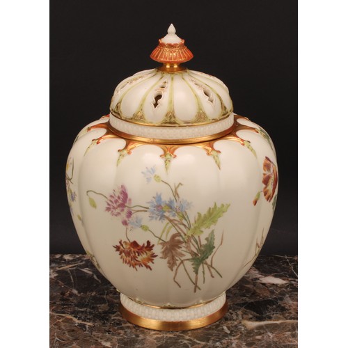 140 - A Royal Worcester lobed ovoid pot pourri vase and cover, painted with flowers on an ivory ground, pi... 