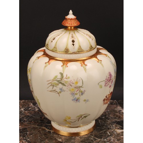 140 - A Royal Worcester lobed ovoid pot pourri vase and cover, painted with flowers on an ivory ground, pi... 