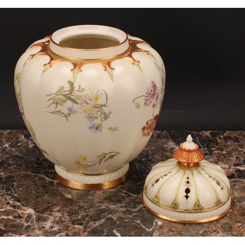 140 - A Royal Worcester lobed ovoid pot pourri vase and cover, painted with flowers on an ivory ground, pi... 