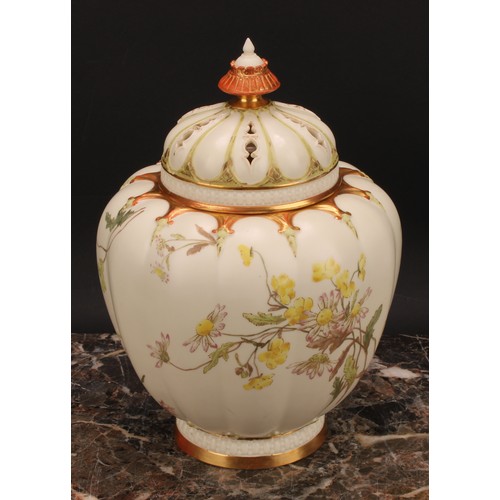 140 - A Royal Worcester lobed ovoid pot pourri vase and cover, painted with flowers on an ivory ground, pi... 