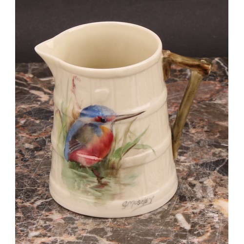 124 - A Royal Worcester barrel shaped jug, painted by W. Powell, signed, with a Goldfinch, 11cm high, prin... 