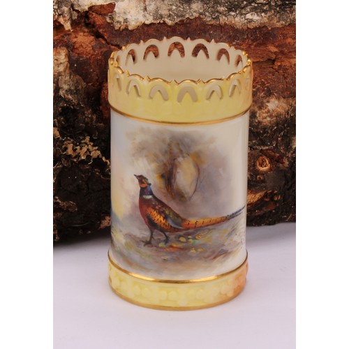 130 - A Royal Worcester cylindrical vase, painted by Jas Stinton, signed, with pheasant in a landscape, th... 