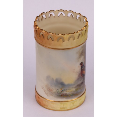 130 - A Royal Worcester cylindrical vase, painted by Jas Stinton, signed, with pheasant in a landscape, th... 