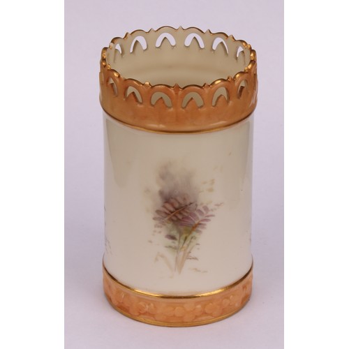 130 - A Royal Worcester cylindrical vase, painted by Jas Stinton, signed, with pheasant in a landscape, th... 