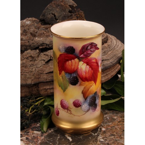 131 - A Royal Worcester cylindrical vase, painted by Kitty Blake, signed, with autumnal leaves and berries... 