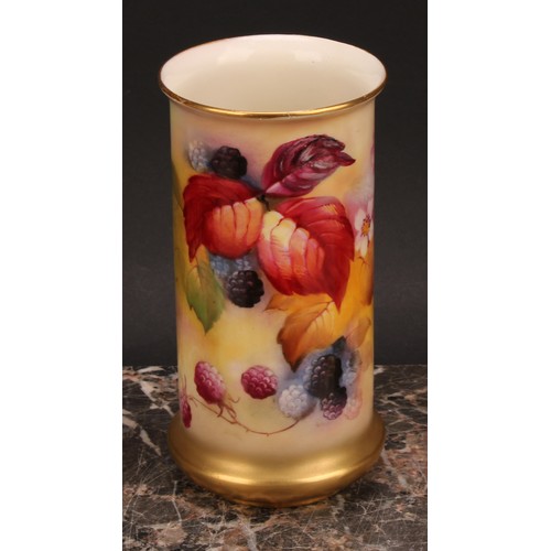 131 - A Royal Worcester cylindrical vase, painted by Kitty Blake, signed, with autumnal leaves and berries... 