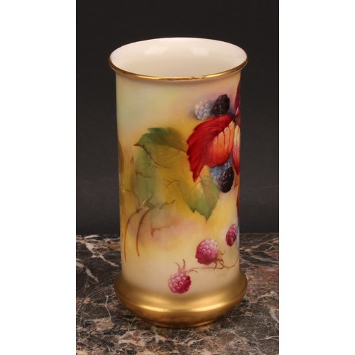 131 - A Royal Worcester cylindrical vase, painted by Kitty Blake, signed, with autumnal leaves and berries... 