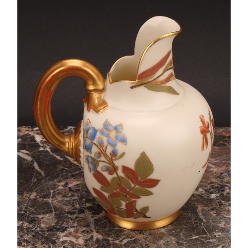 121 - A pair Royal Worcester flat back jugs, decorated in the Aesthetic manner with floral sprays in muted... 