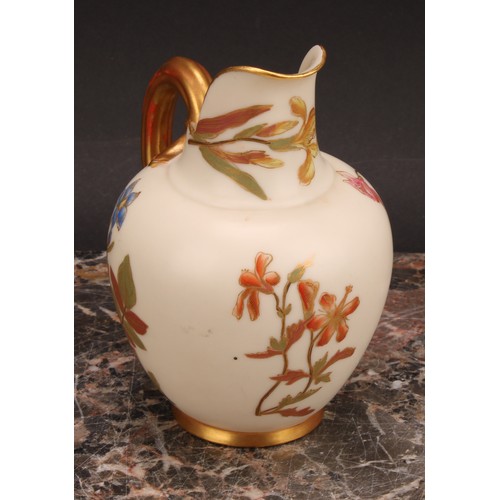 121 - A pair Royal Worcester flat back jugs, decorated in the Aesthetic manner with floral sprays in muted... 