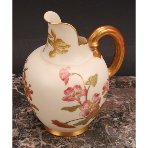 121 - A pair Royal Worcester flat back jugs, decorated in the Aesthetic manner with floral sprays in muted... 