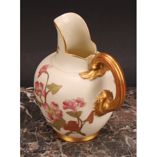 121 - A pair Royal Worcester flat back jugs, decorated in the Aesthetic manner with floral sprays in muted... 