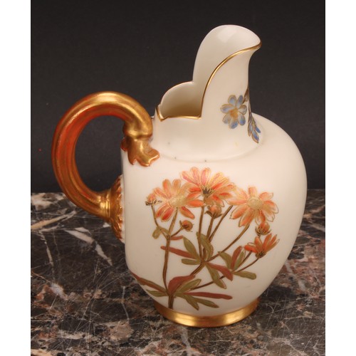 121 - A pair Royal Worcester flat back jugs, decorated in the Aesthetic manner with floral sprays in muted... 