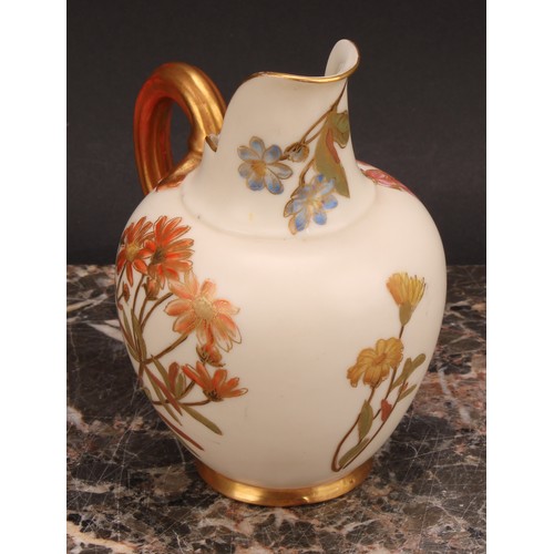 121 - A pair Royal Worcester flat back jugs, decorated in the Aesthetic manner with floral sprays in muted... 