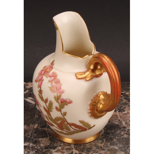 121 - A pair Royal Worcester flat back jugs, decorated in the Aesthetic manner with floral sprays in muted... 