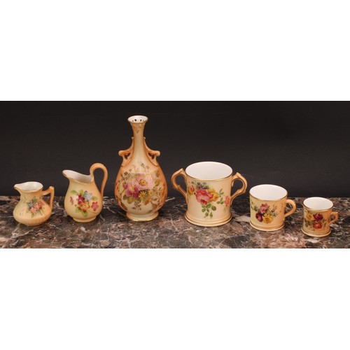 126 - A Royal Worcester blush ivory miniature two-handled vase, decorated with flowers, reticulated slight... 