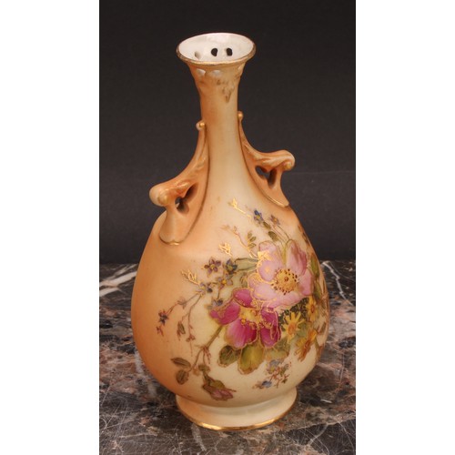 126 - A Royal Worcester blush ivory miniature two-handled vase, decorated with flowers, reticulated slight... 