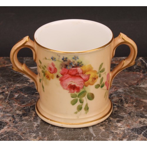 126 - A Royal Worcester blush ivory miniature two-handled vase, decorated with flowers, reticulated slight... 