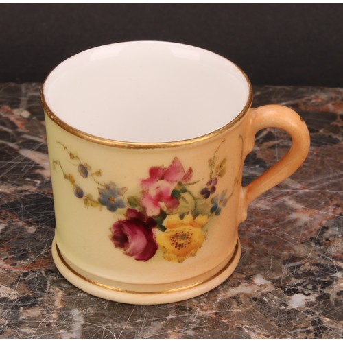 126 - A Royal Worcester blush ivory miniature two-handled vase, decorated with flowers, reticulated slight... 