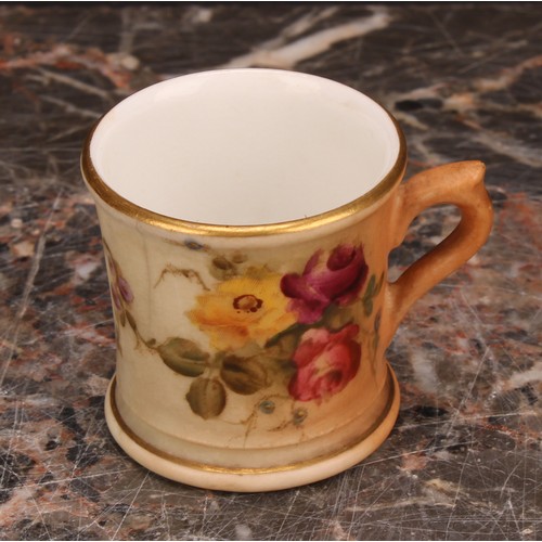 126 - A Royal Worcester blush ivory miniature two-handled vase, decorated with flowers, reticulated slight... 