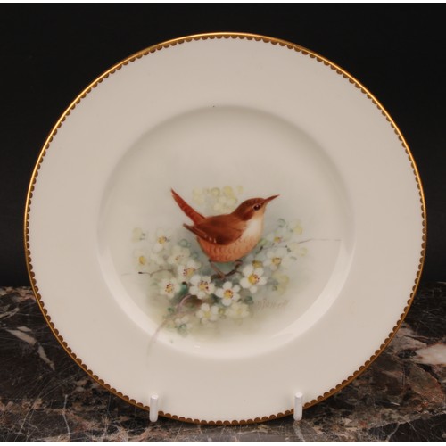 157 - A set of three Royal Worcester tea plates, painted by W. Powell, signed, with named birds, Goldfinch... 