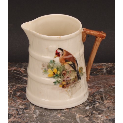 125 - A Royal Worcester barrel shaped jug, painted by W. Powell, signed, with a Goldfinch, 7cm high, print... 