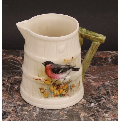 125 - A Royal Worcester barrel shaped jug, painted by W. Powell, signed, with a Goldfinch, 7cm high, print... 