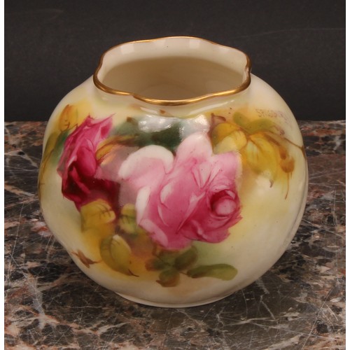 137 - A Royal Worcester globular vase, painted by E. Spilsbury, signed, with Hadley style roses, 7cm high,... 